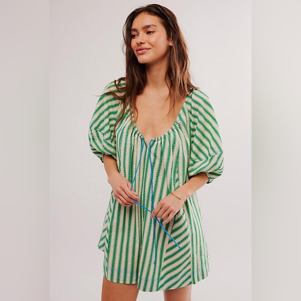 Free People Green Stripe Bop Around Romper